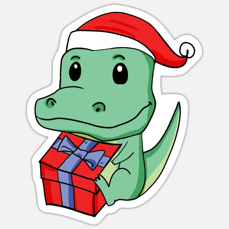 Noël Crocodile Bébé avec Cadeau - Sticker taille S (10 x 10 cm) - blanc mat