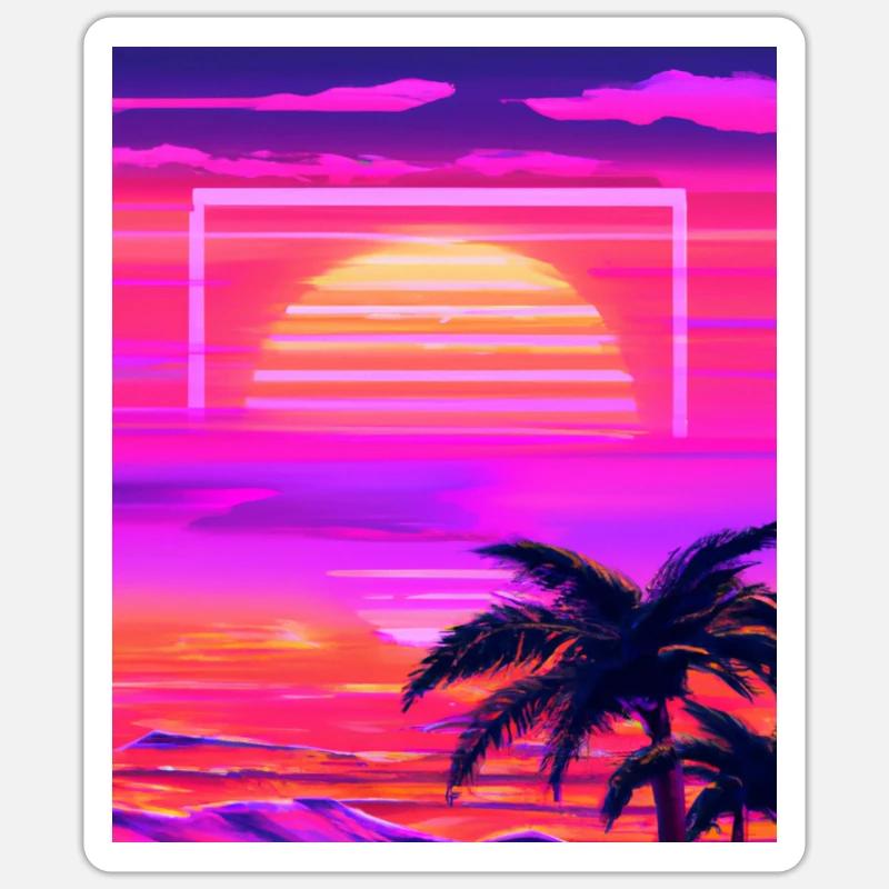 Vaporwave Sun Synthwave Sunset Palmen - Sticker Größe S (10 x 10 cm) - Mattweiß
