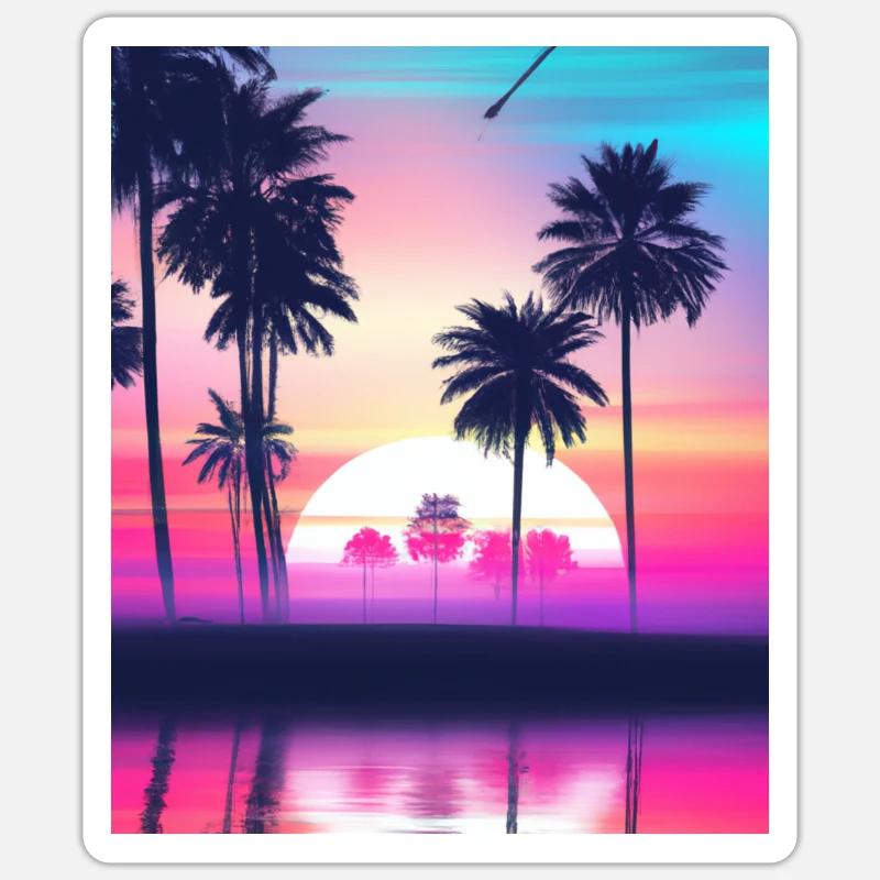 Vaporwave Sun Synthwave Sunset Palmen - Sticker Größe S (10 x 10 cm) - Mattweiß