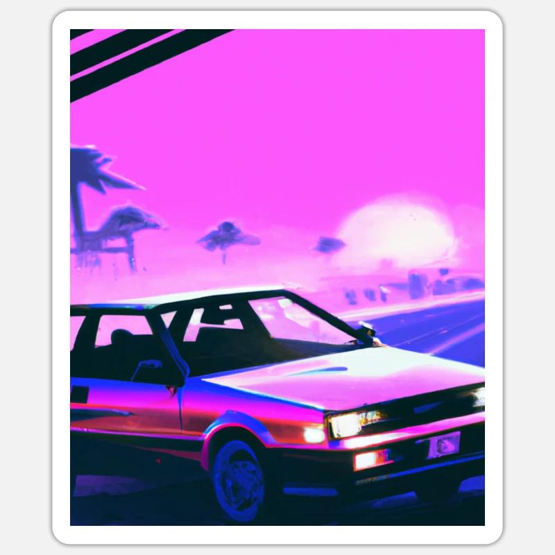 Vaporwave Esthétique Synthwave Car - Sticker taille S (10 x 10 cm) - blanc mat