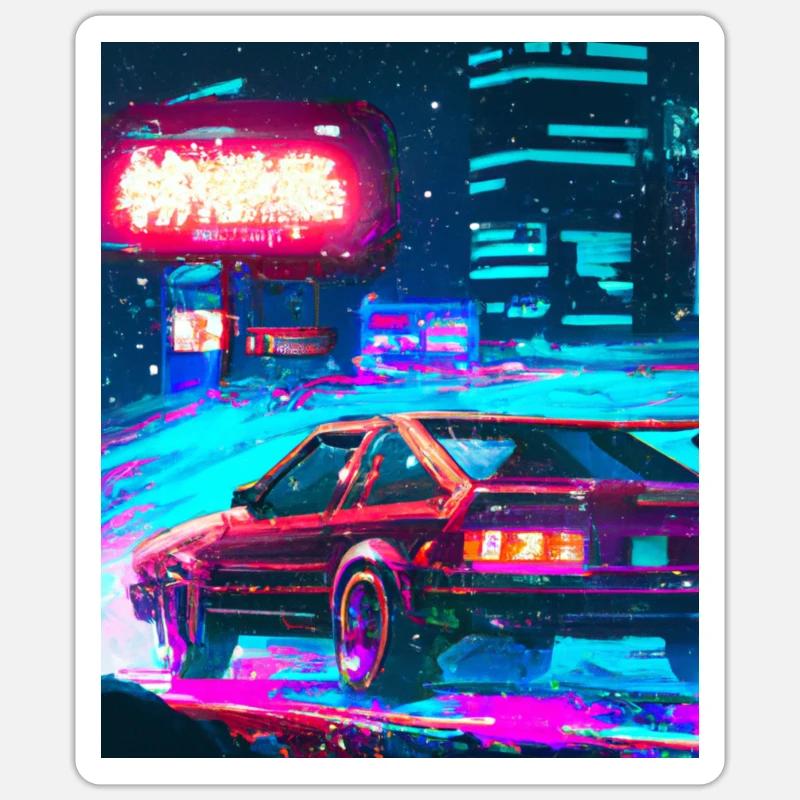 Vaporwave Esthétique Synthwave City - Sticker taille S (10 x 10 cm) - blanc mat