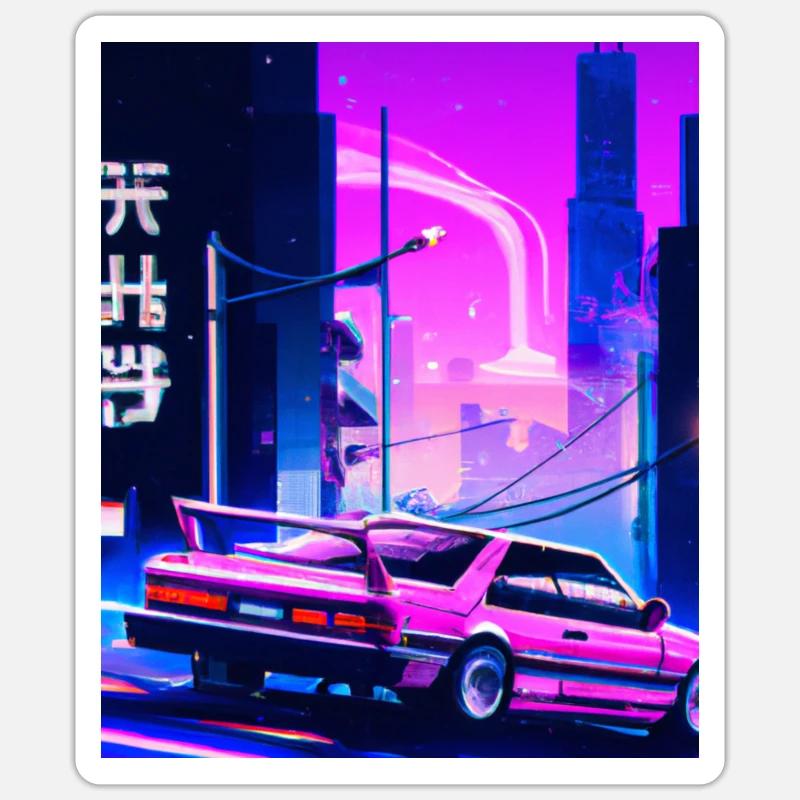 Vaporwave Esthétique Synthwave Car - Sticker taille S (10 x 10 cm) - blanc mat
