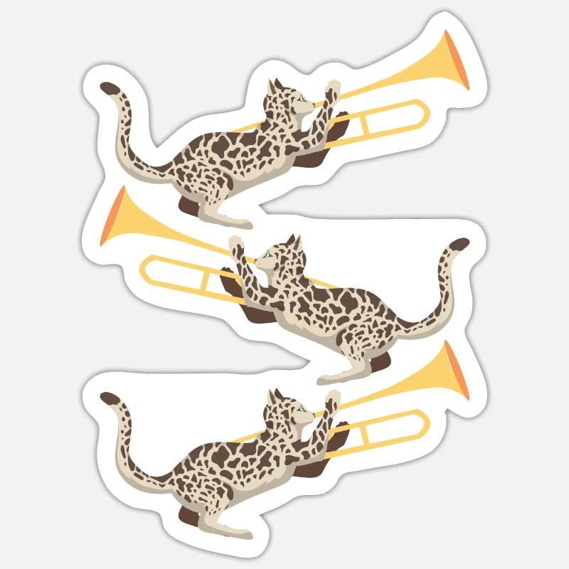 Musicien avec chat avec trombone - Sticker taille S (10 x 10 cm) - blanc mat