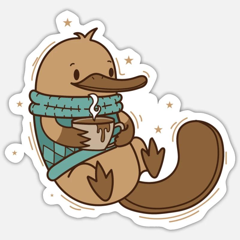 Schnabeltier im Winter mit Pullover und Kaffee Sticker Größe S (10 x 10 cm)