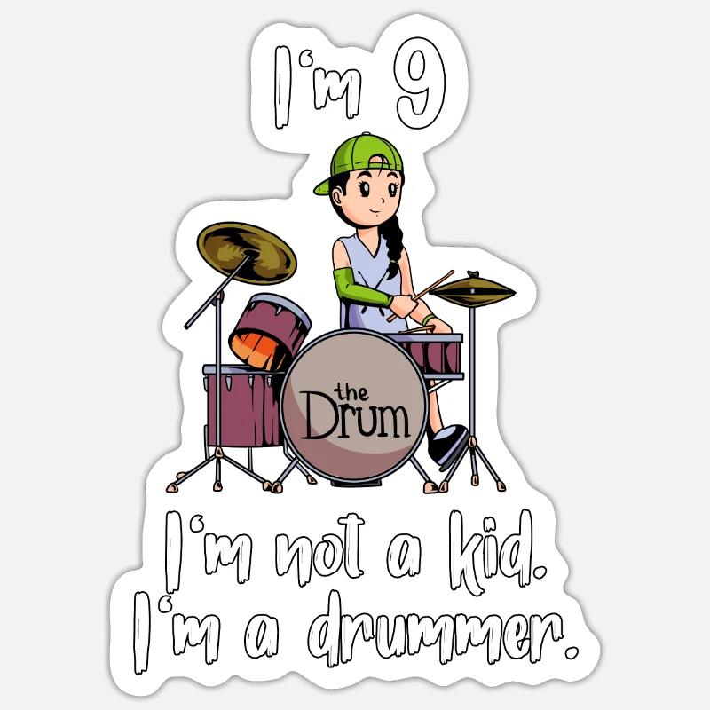 Ich bin 9 - Mädchen Schlagzeuger - Sticker Größe S (10 x 10 cm) - Mattweiß