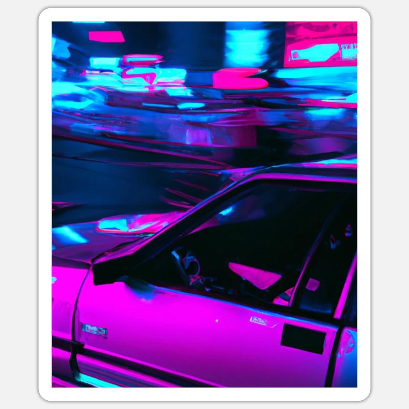 Vaporwave Esthétique Synthwave Car - Sticker taille S (10 x 10 cm) - blanc mat