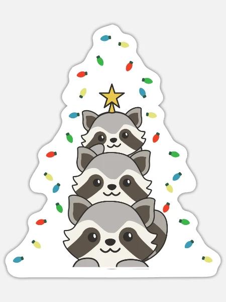 Waschbär Weihnachtsbaum Weihnachts Waschbären - Sticker Größe S (10 x 10 cm) - Mattweiß