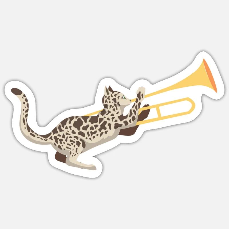 Musicien avec chat avec trombone - Sticker taille S (10 x 10 cm) - blanc mat