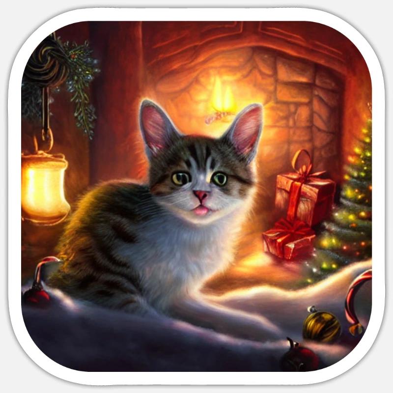 Chat de Noël doux - Sticker taille S (10 x 10 cm) - blanc mat