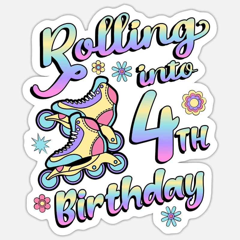 Rolling Into 4th Birthday Roller Skater Inline Sticker taille S (10 x 10 cm)