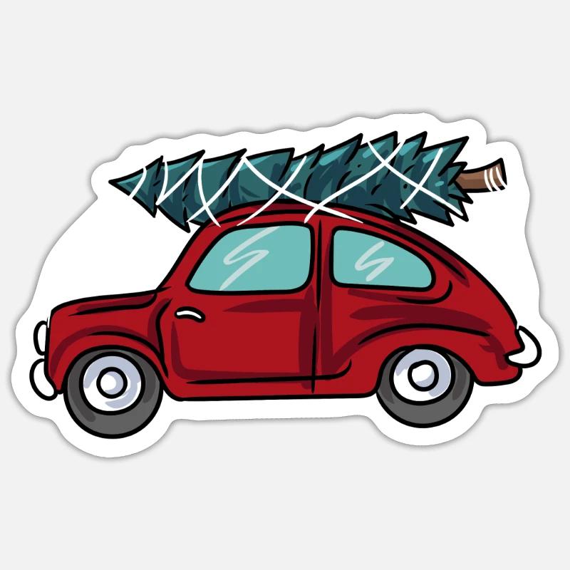 Weihnachtsbaum Rotes Auto - Sticker Größe S (10 x 10 cm) - Mattweiß