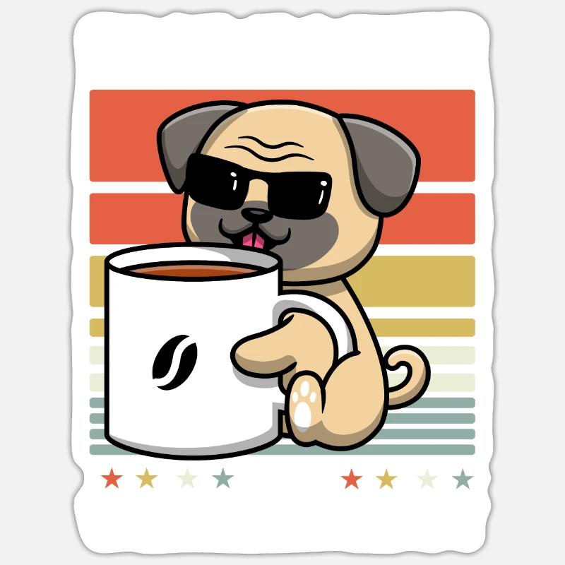 Mops Hund Kaffee-Sonnenbrille - Sticker Größe S (10 x 10 cm) - Mattweiß