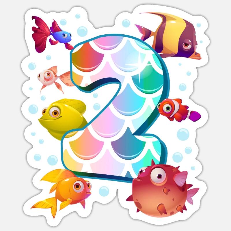 2e anniversaire | Rainbow Fish Anniversaire | - Sticker taille S (10 x 10 cm) - blanc mat