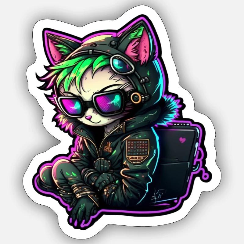 Hacker chat mignon dessin animé conception de personnage Sticker taille S (10 x 10 cm)