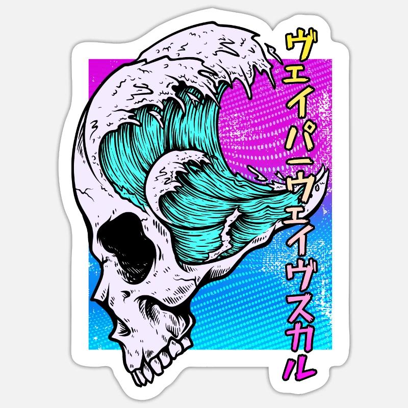Skull Vaporwave Synthwave - Sticker taille S (10 x 10 cm) - blanc mat