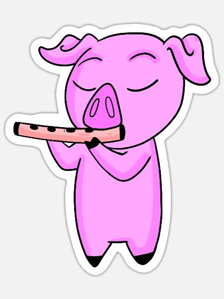 Schwein Kinder Motiv Flöte Spielen - Sticker Größe S (10 x 10 cm) - Mattweiß