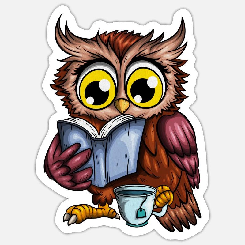 Eule mit heißem Tee Gemütlich ein Buch lesen - Sticker Größe S (10 x 10 cm) - Mattweiß