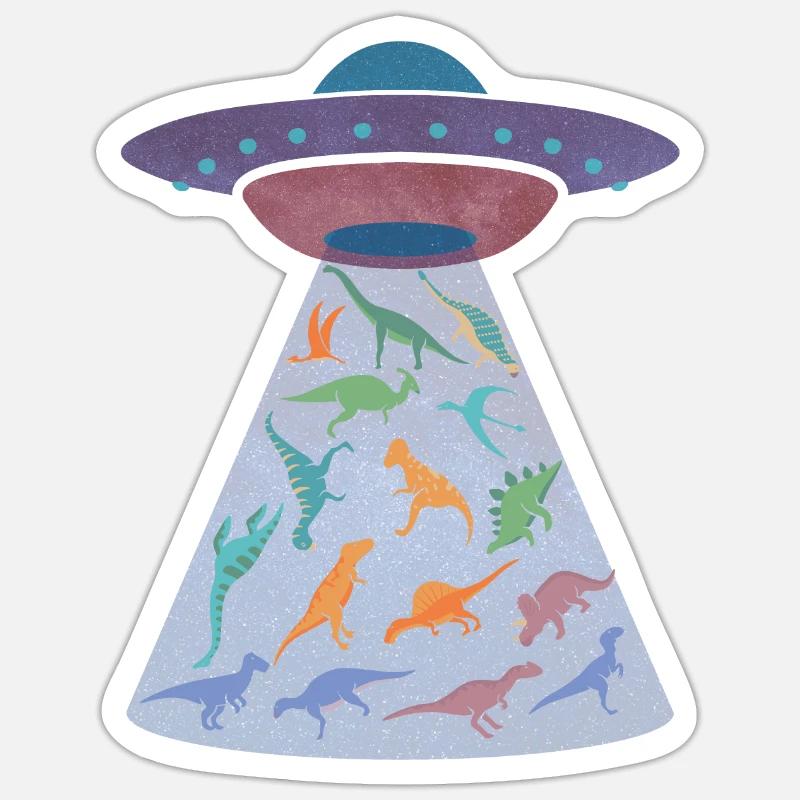 Spaceship kidnaps dinosaurs - Sticker size S (10 x 10 cm) - white matte