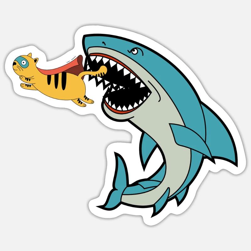 Chat mangeur de requins - Sticker taille S (10 x 10 cm) - blanc mat