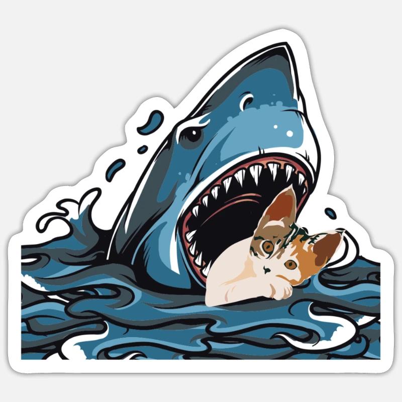 Chat mangeur de requins - Sticker taille S (10 x 10 cm) - blanc mat