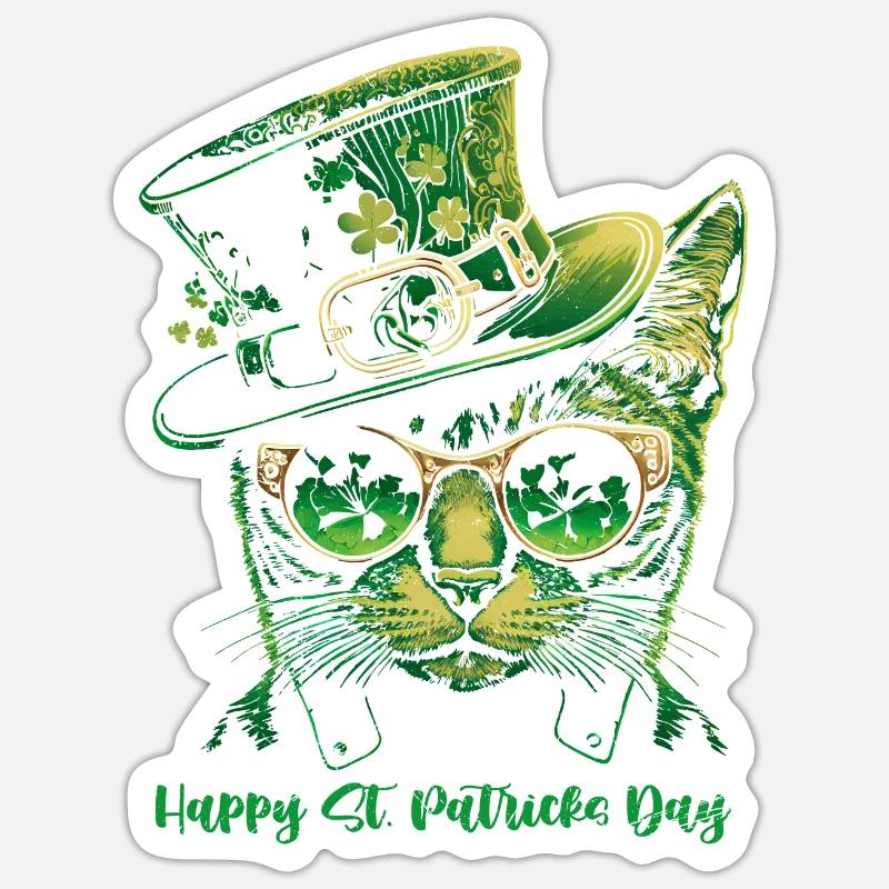 Bonne Saint-Patrick Chat irlandais vert - Sticker taille S (10 x 10 cm) - blanc mat