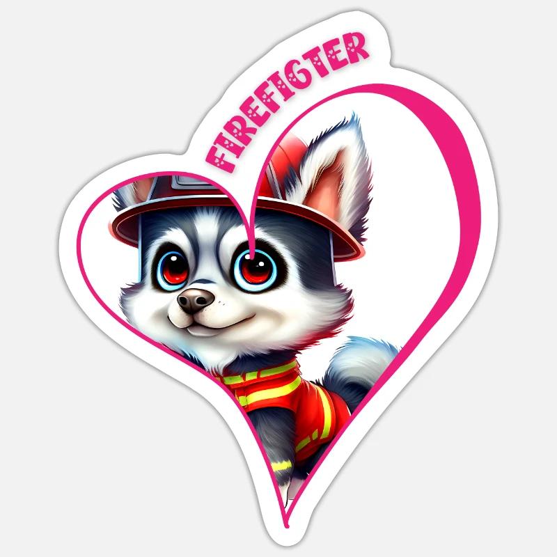 Pompier, amour husky - Sticker taille S (10 x 10 cm) - blanc mat