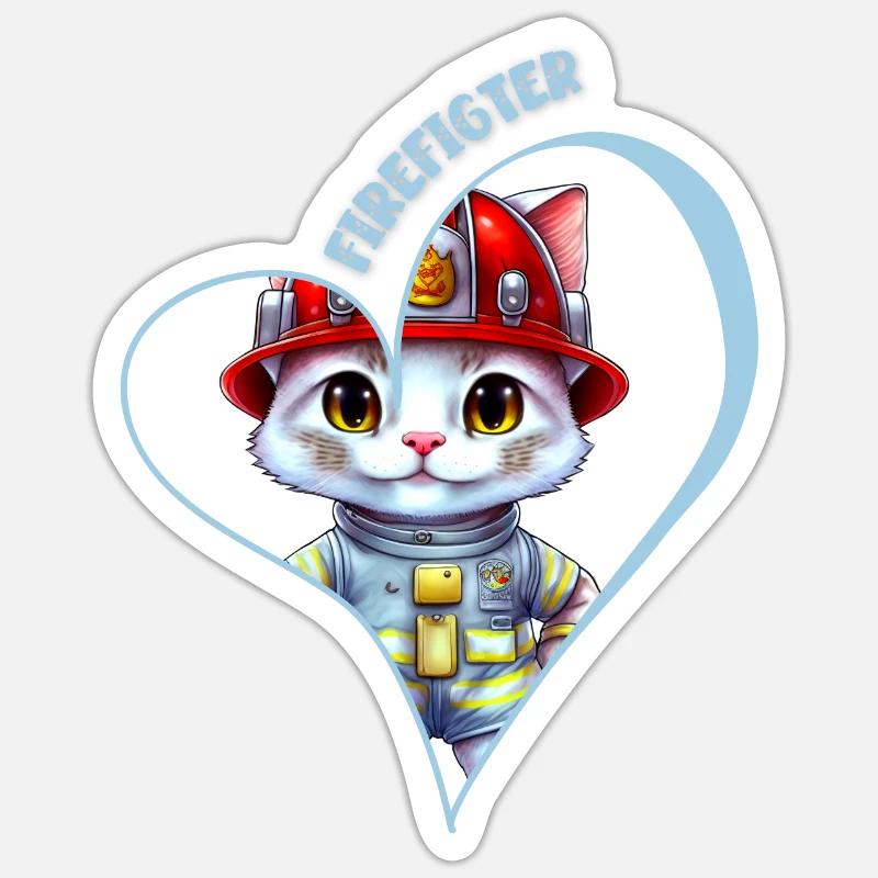 Pompier, chat doux - Sticker taille S (10 x 10 cm) - blanc mat