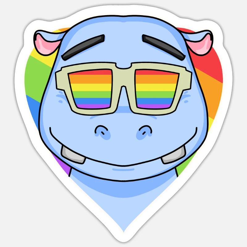 Regenbogen - Nilpferd mit Brille - Sticker Größe S (10 x 10 cm) - Mattweiß