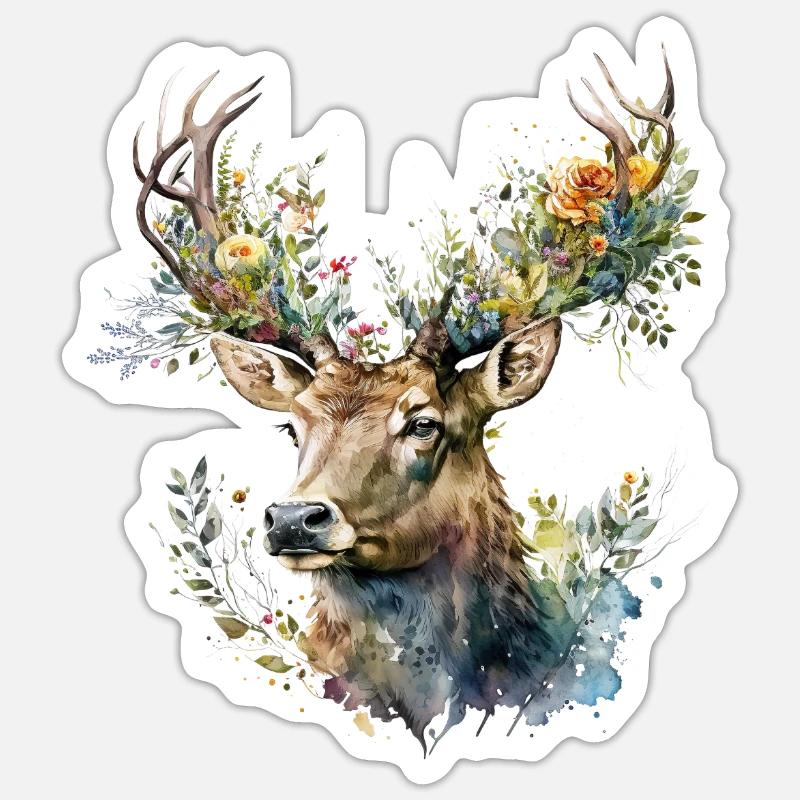 Hirsch mit Blumen - Sticker Größe S (10 x 10 cm) - Mattweiß