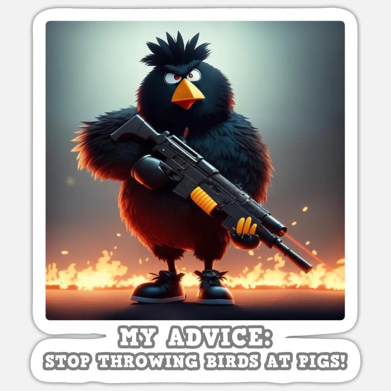 Verärgerter schwarzer Vogel mit einem Sturmgewehr - Sticker Größe S (10 x 10 cm) - Mattweiß