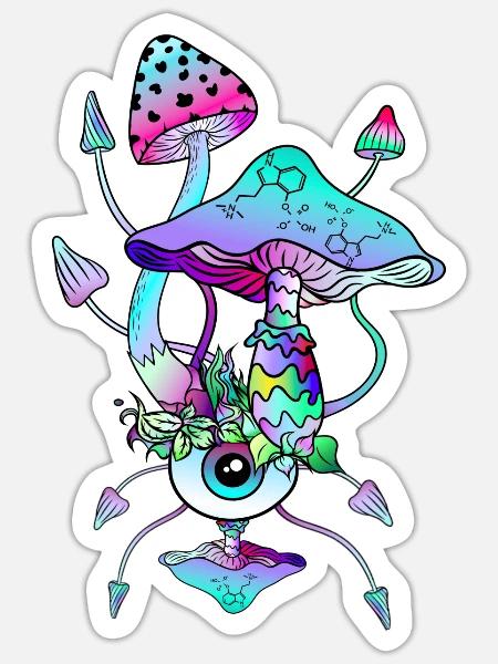 Zauberpilze Neon Psychedelic Shrooms - Sticker Größe S (10 x 10 cm) - Mattweiß