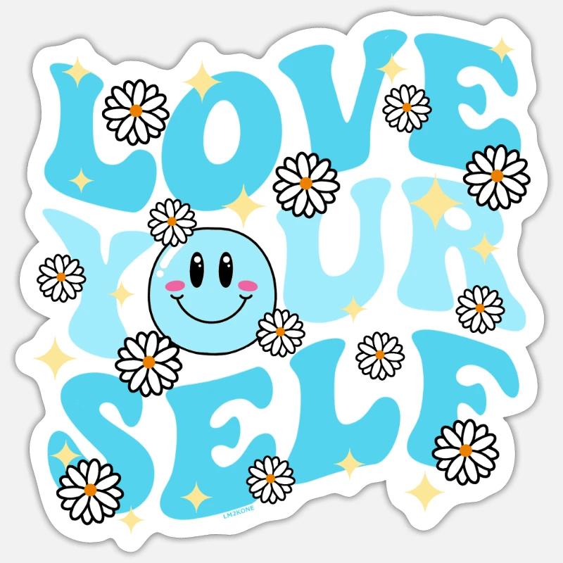 Groovy LOVE YOUR SELF Bleu - Sticker taille S (10 x 10 cm) - blanc mat
