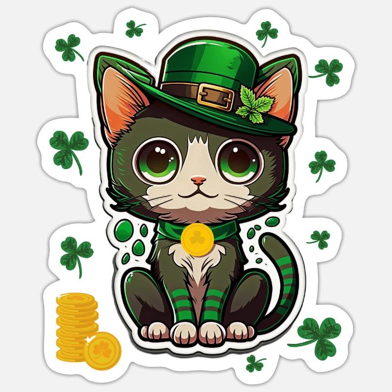 Chat mignon trèfle tenue chapeau st Patrick - Sticker taille S (10 x 10 cm) - blanc mat
