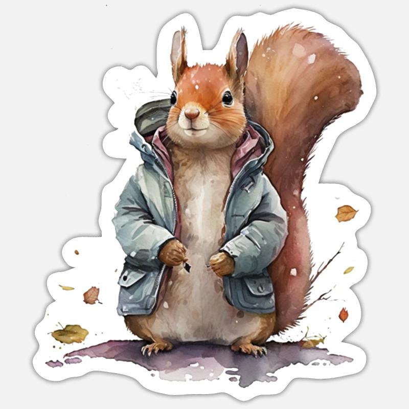 Eichhörnchen-Eichhörnchen trägt eine Aquarelljacke - Sticker Größe S (10 x 10 cm) - Mattweiß