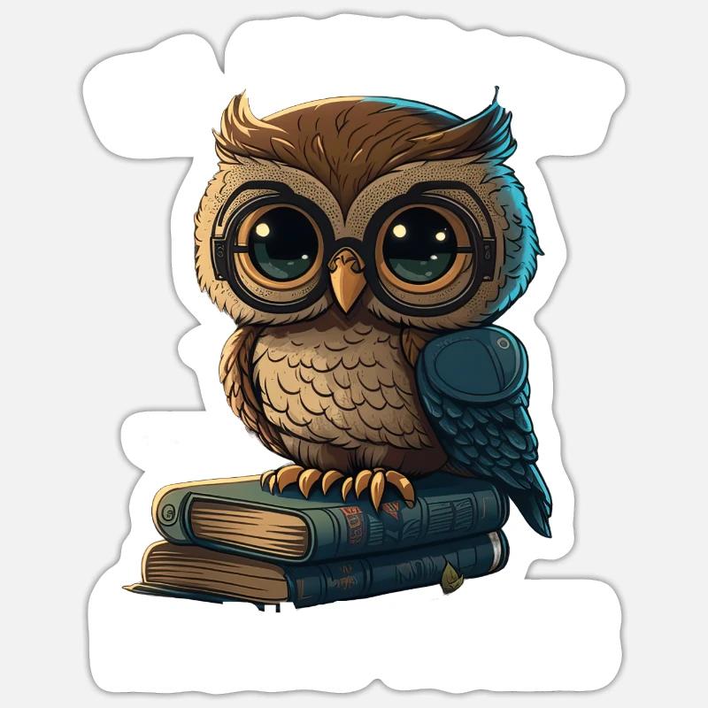 Eule liest immer gerne Bücher - Sticker Größe S (10 x 10 cm) - Mattweiß