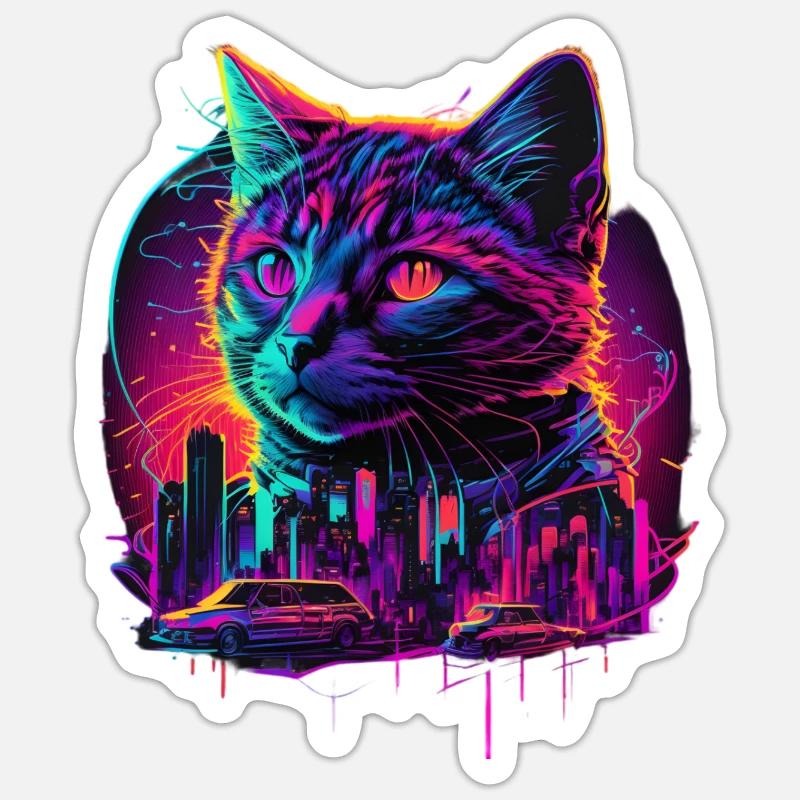 Synthwave Cat Sunset 80s Cadeau - Sticker taille S (10 x 10 cm) - blanc mat