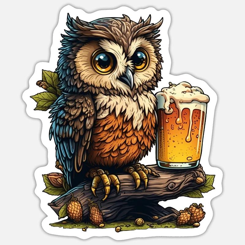 Eule mit Bier Sticker Größe S (10 x 10 cm)