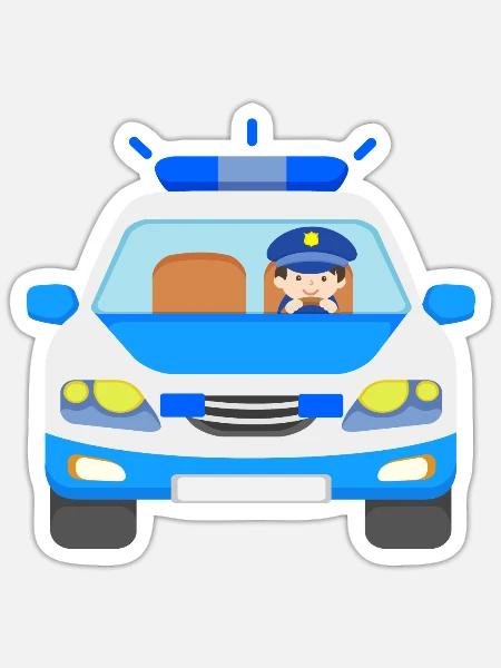 Polizeiauto mit Polizist im Einsatz - Sticker Größe S (10 x 10 cm) - Mattweiß