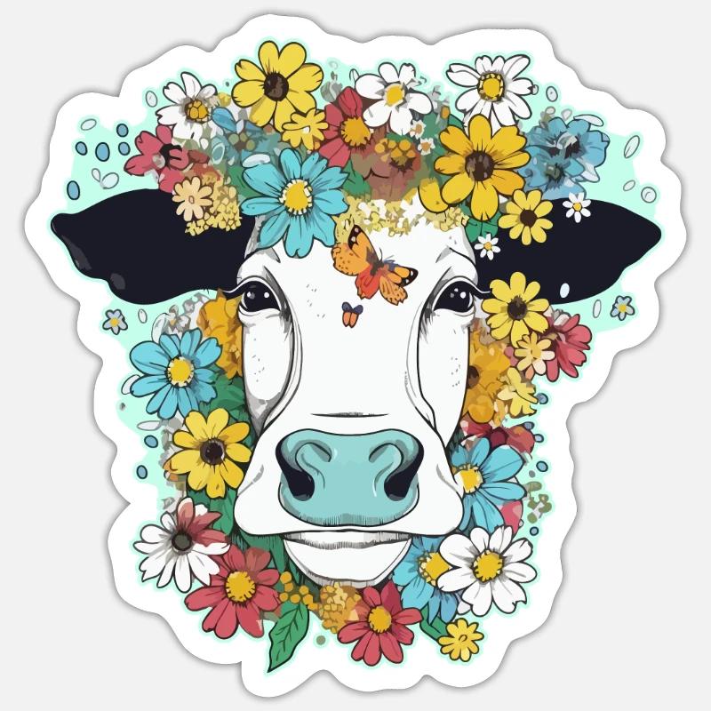 Vache et fleurs - Sticker taille S (10 x 10 cm) - blanc mat