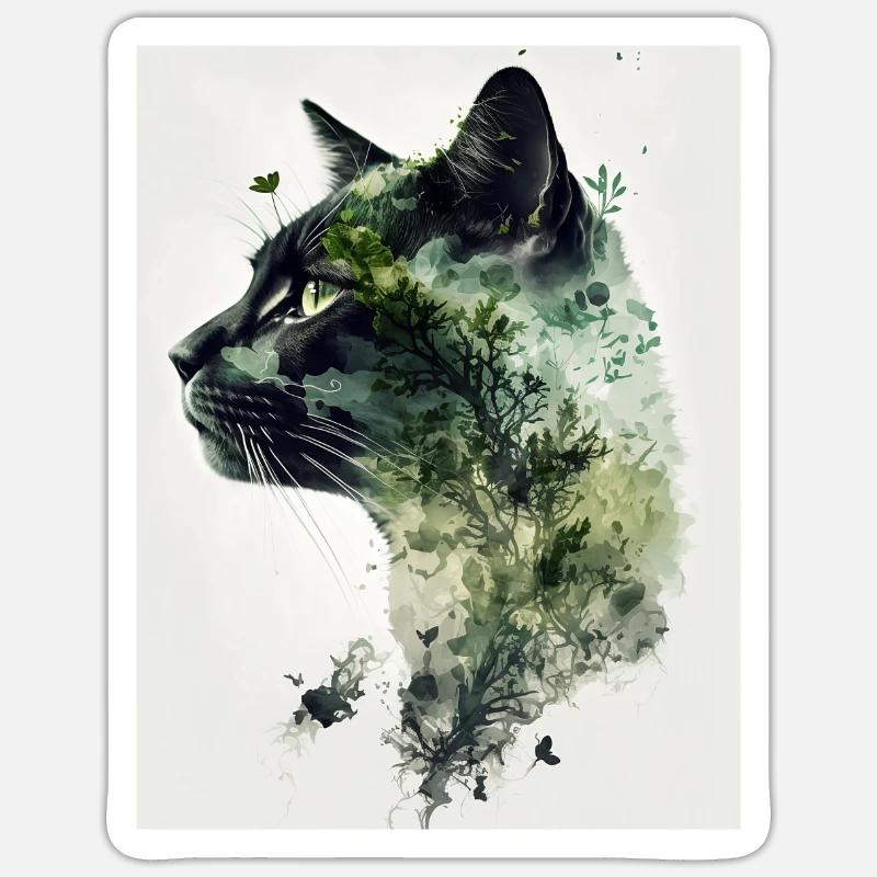 Chat et forêt à double exposition Sticker taille S (10 x 10 cm)