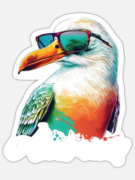 Amrum Urlaub coole bunte Möwe mit Sonnenbrille - Sticker Größe S (10 x 10 cm) - Mattweiß