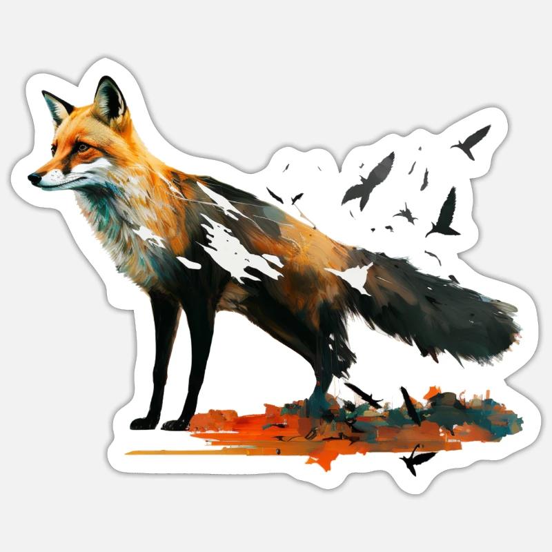Fuchs Vogel Kunst Bunt Waldtiere Rotfuchs Geschenk - Sticker Größe S (10 x 10 cm) - Mattweiß