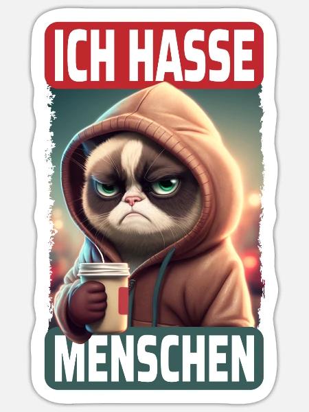 Ich Hasse Menschen Katze - Lustiges Katzen Kaffee - Sticker Größe S (10 x 10 cm) - Mattweiß