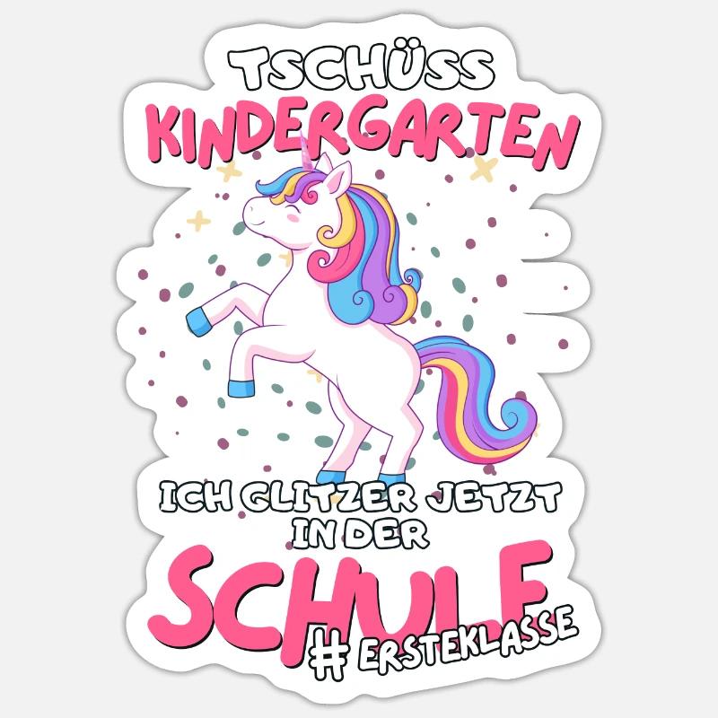 Tschüss Kindergarten hallo Einschulung mit Einhorn - Sticker Größe S (10 x 10 cm) - Mattweiß