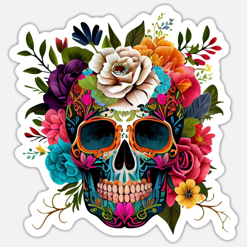 Fleurs de crâne colorées - Sticker taille S (10 x 10 cm) - blanc mat