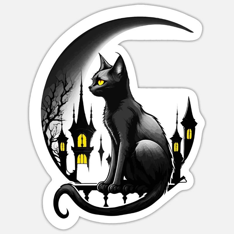 Schwarze Katze mit Mondsichel - Gothic Gothic - Sticker Größe S (10 x 10 cm) - Mattweiß