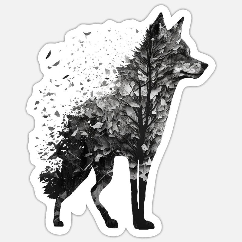 Wolf Geschenk Kunst Baum Blätter Tier Wald Zoo - Sticker Größe S (10 x 10 cm) - Mattweiß