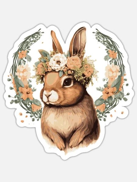 Cute Bunny Flower Crown Rabbit Floral Farm Animal - Sticker Größe S (10 x 10 cm) - Mattweiß