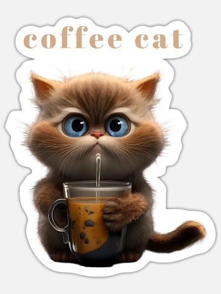 Kaffee Katze Kaffeeliebhaber Genussmensch - Sticker Größe S (10 x 10 cm) - Mattweiß