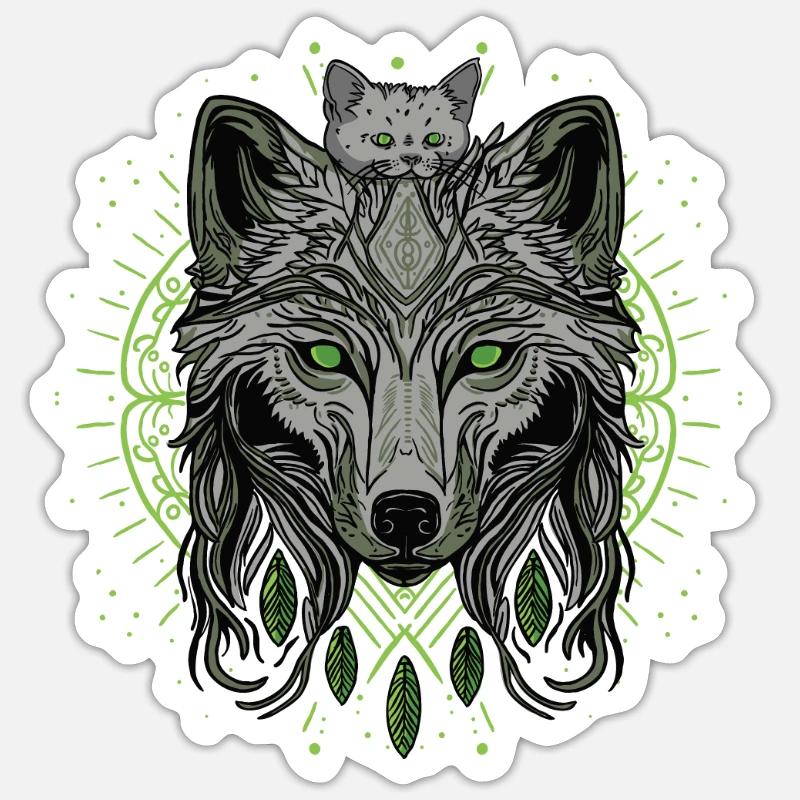 Wolf Wolf et un chat - Sticker taille S (10 x 10 cm) - blanc mat